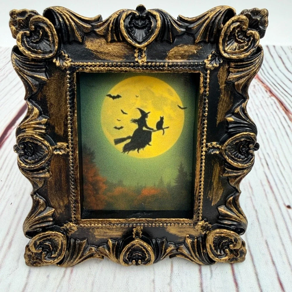 Halloween Witch Moon Bats Miniature Art Print Ornate Black Gold Resin Frame 3in
